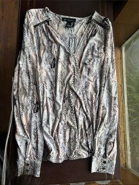 International Concepts: Black, Cream, Pink Snake-Print Blouse with Zip Accents